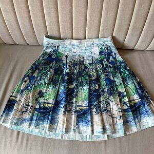 Talbots Pleated Scenic Print Knee Length Skirt in Blue and Green
